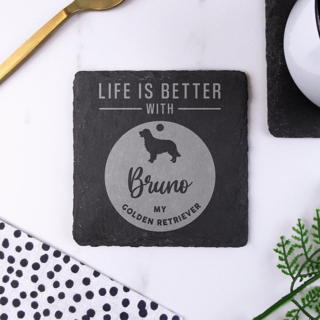 Personalised "Life Is Better With My British Bulldog" Dog Tag Style Square Slate Coaster - Any Dog Breed & Pet Name