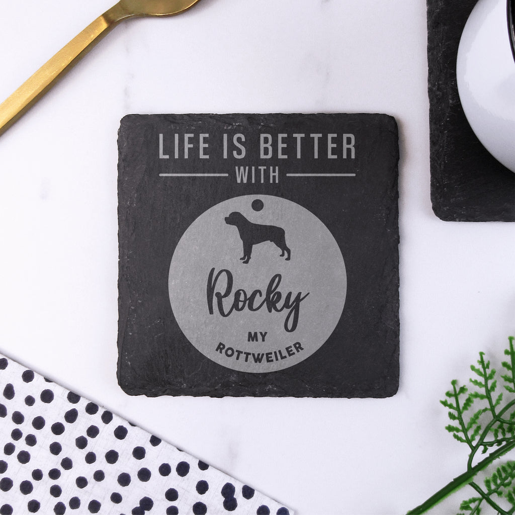 Personalised "Life Is Better With My French Bulldog" Dog Tag Style Square Slate Coaster - Any Dog Breed & Pet Name