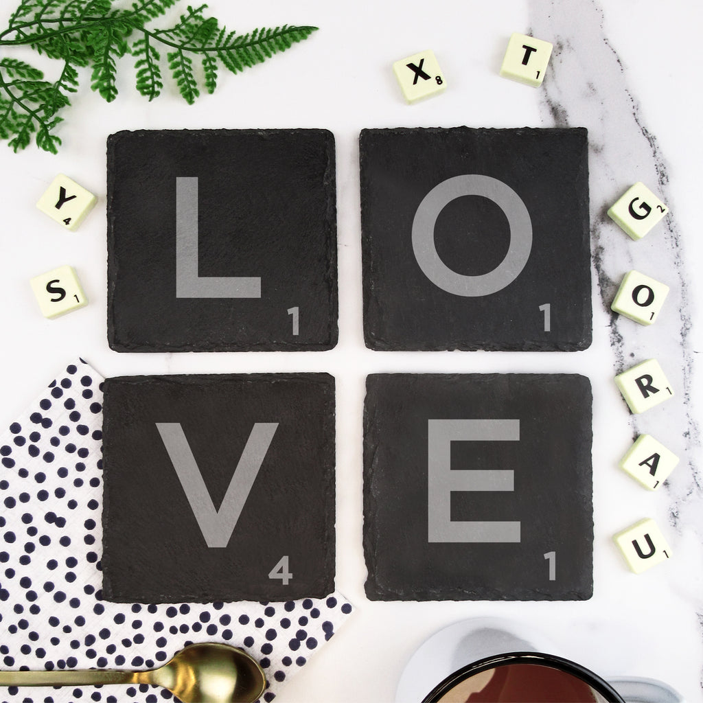 Set of 4 'LOVE' Slate Scrabble Letter Tile Alphabet Drinks Coasters