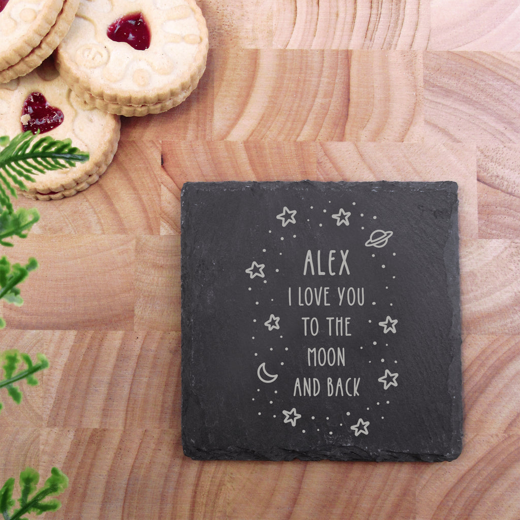 Personalised 'I Love You To The Moon And Back' Square Slate Coaster