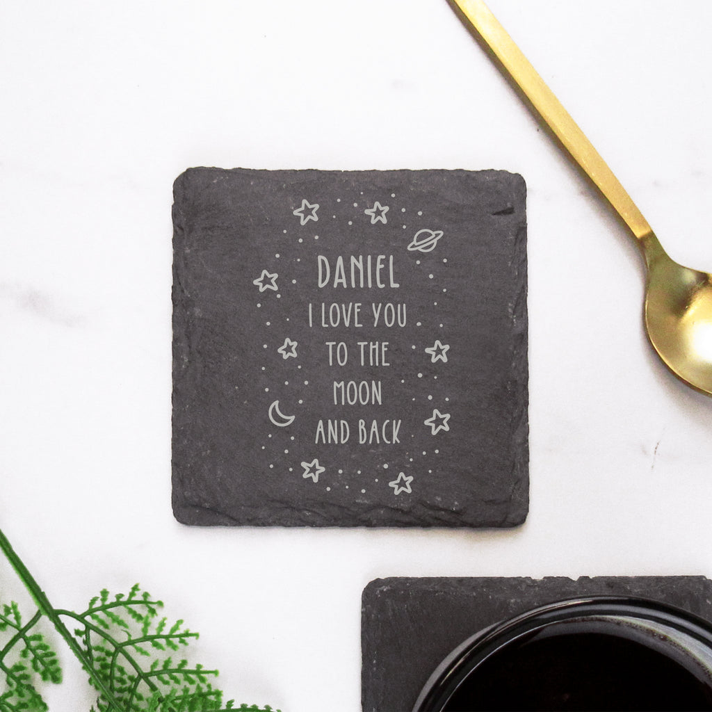 Personalised 'I Love You To The Moon And Back' Square Slate Coaster