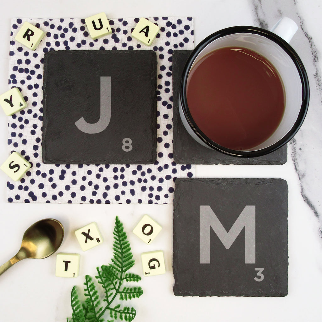 Set of 2 Slate Scrabble Letter Tile Alphabet Drinks Coasters - Choose your Initials