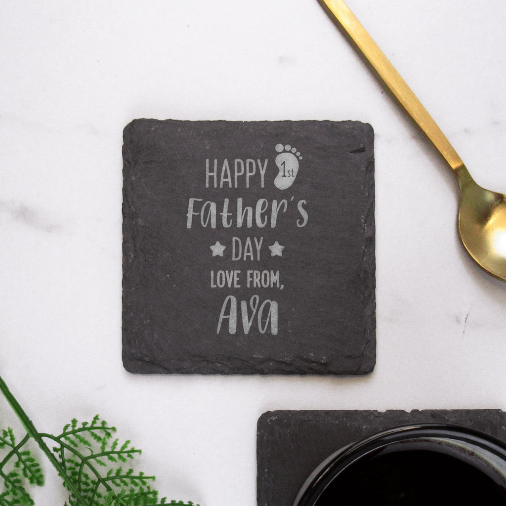 Personalised "Happy 1st Fathers Day" Square Slate Coaster