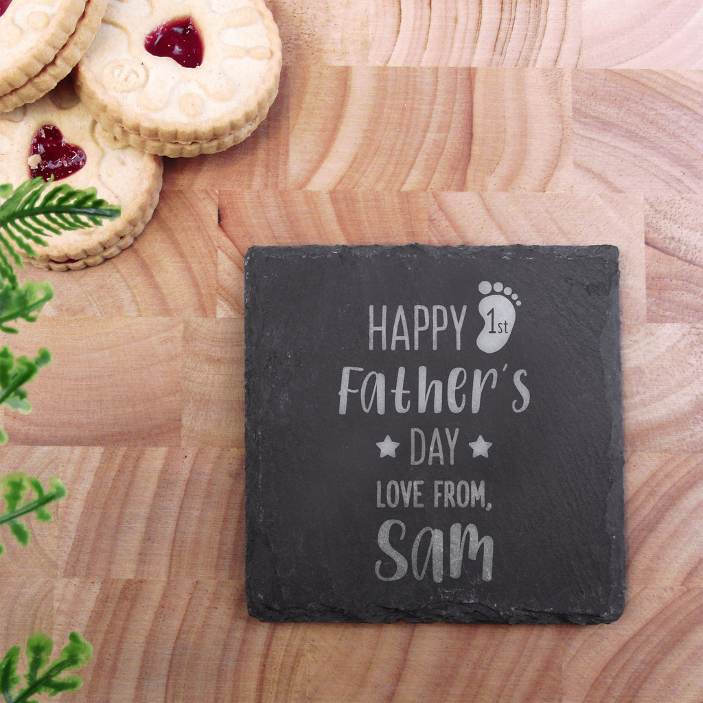 Personalised "Happy 1st Fathers Day" Square Slate Coaster