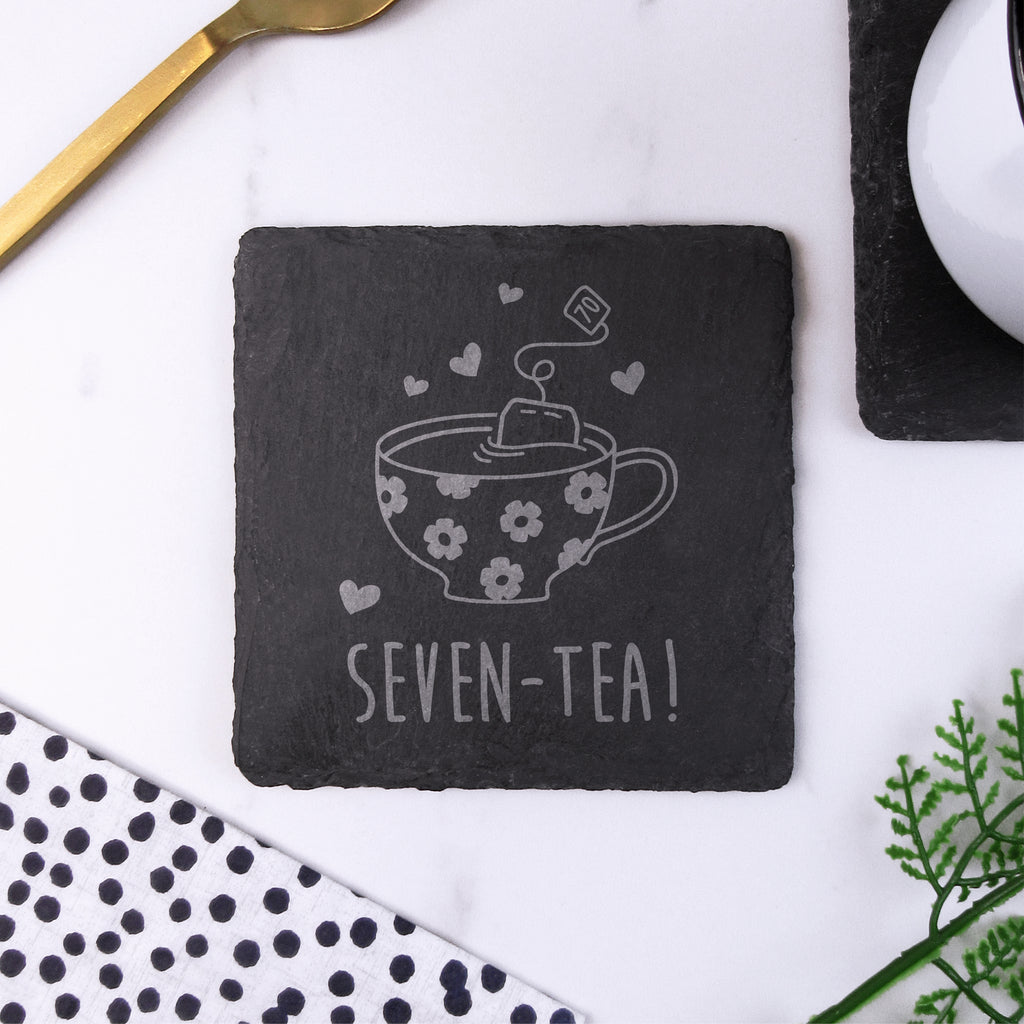 Engraved Square Slate Coaster "SEVEN-TEA" Design, 70th Birthday Gift