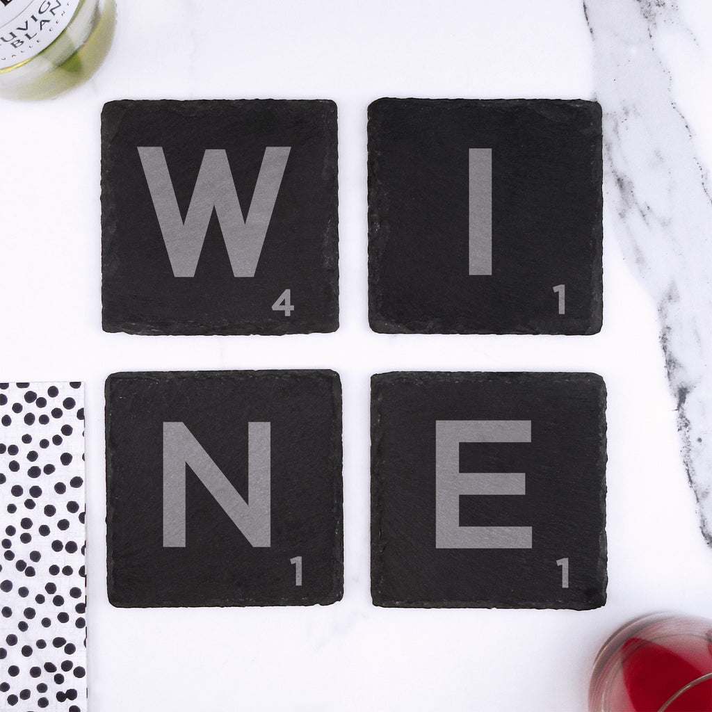 Set of 4 Square Slate Scrabble Letter Tile Alphabet Drinks Coasters - WINE