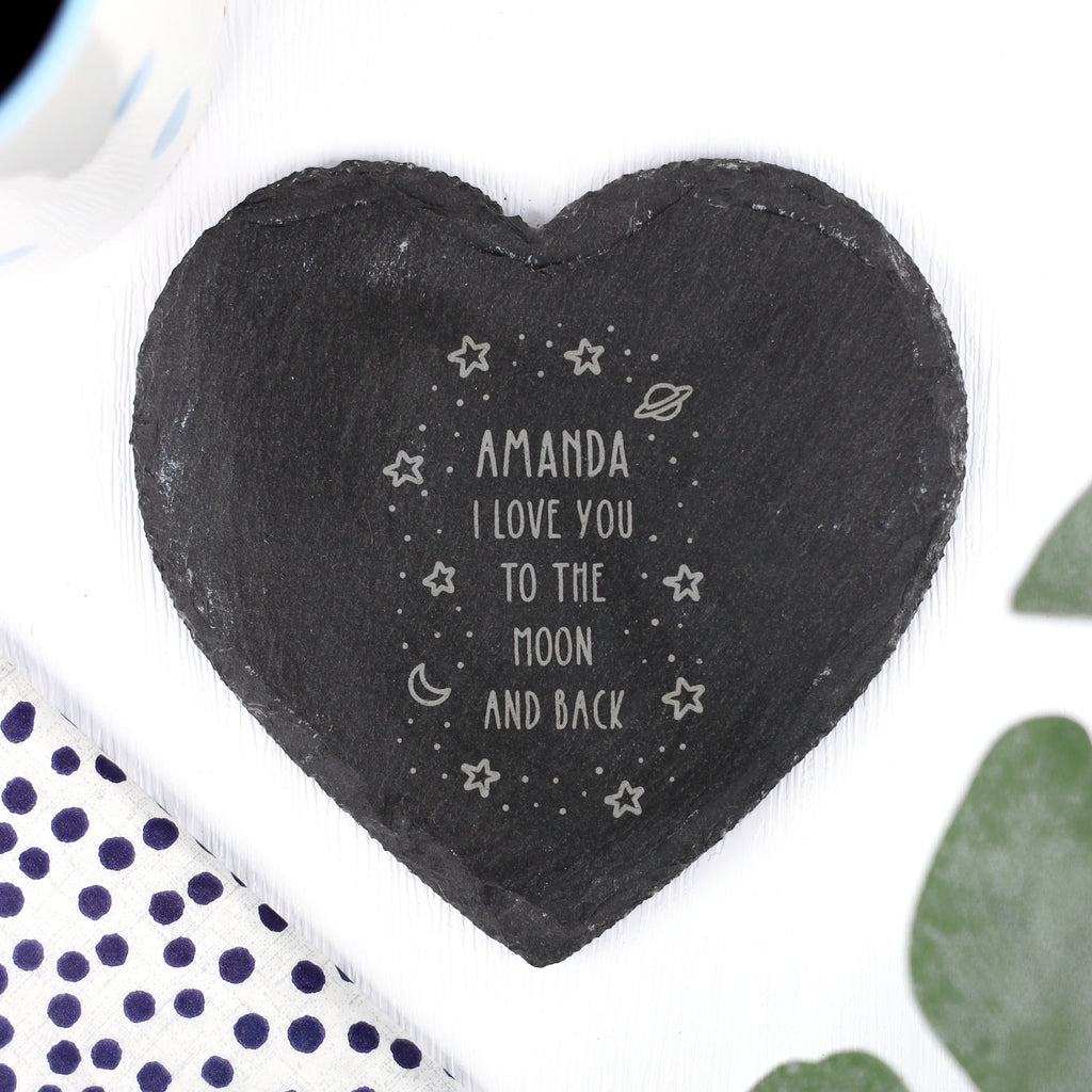 Personalised 'I Love You To The Moon And Back' Heart Slate Coaster