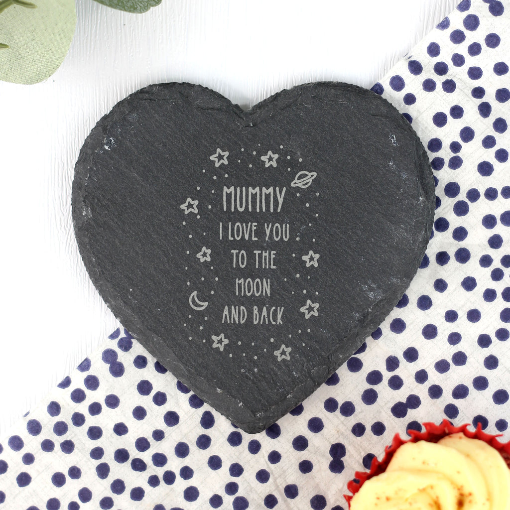 Personalised Natural Slate Coaster 'I Love You To The Moon And Back' - Heart / Square Drinks Mat Gift for Mum, Mummy