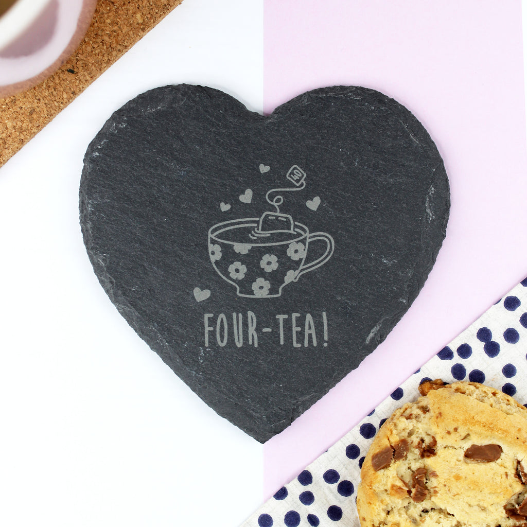 Engraved Heart Slate Coaster "FOUR-TEA" Design, 40th Birthday Gift