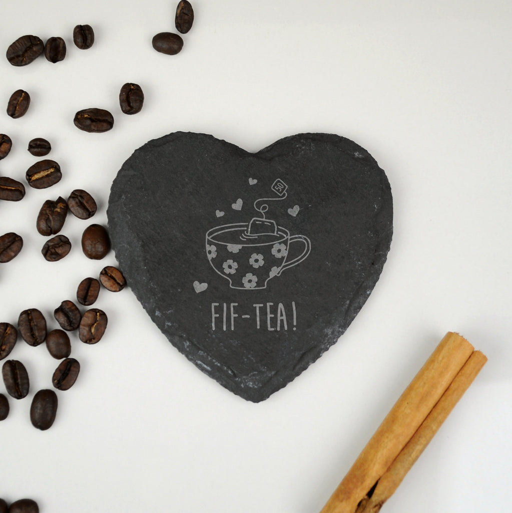Engraved Heart Slate Coaster "FIF-TEA" Design, 50th Birthday Gift