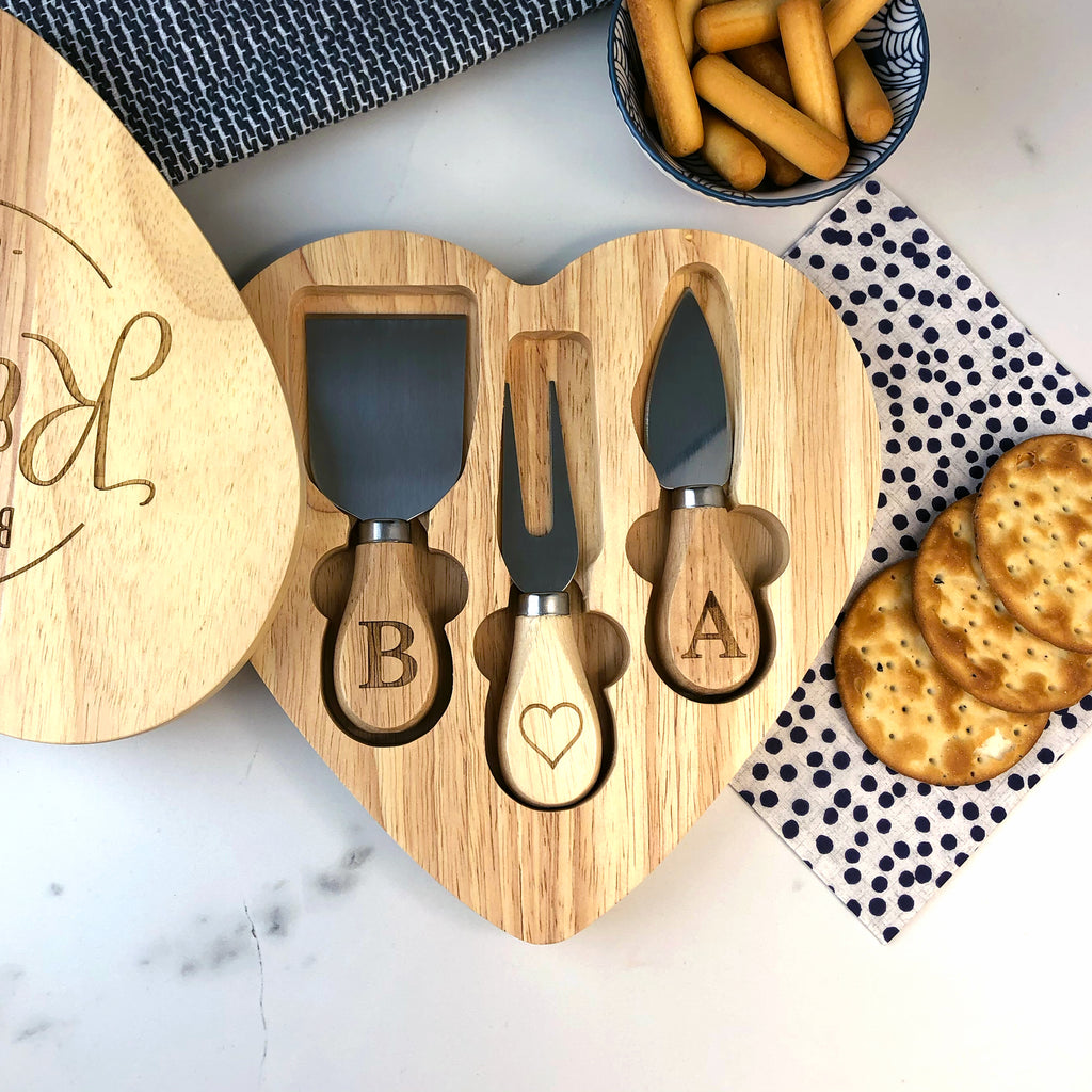 Personalised Couples Heart Shaped Wooden Cheeseboard and Knife Set