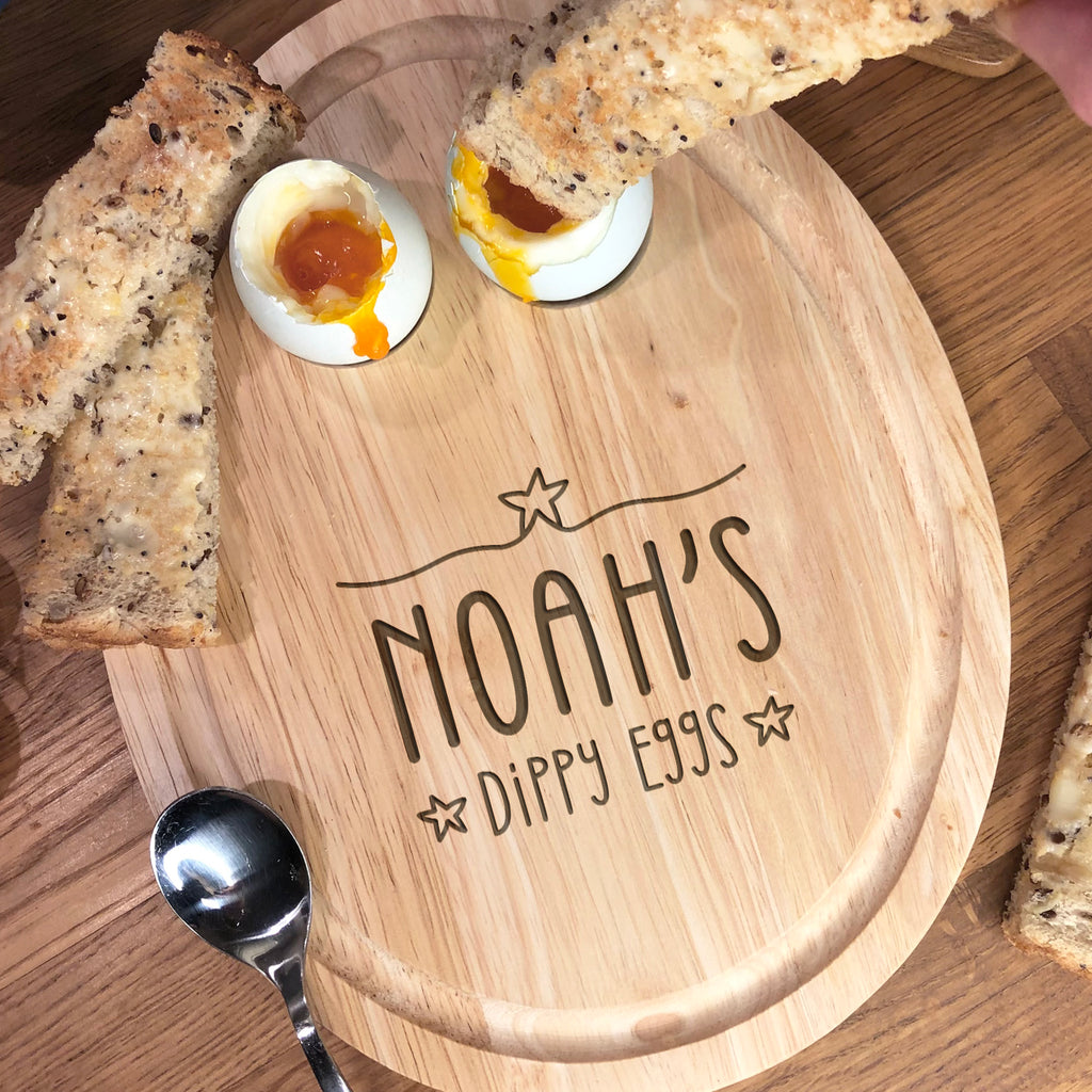 Personalised Egg Shaped Breakfast Board - Dippy Eggs with Hearts or Stars