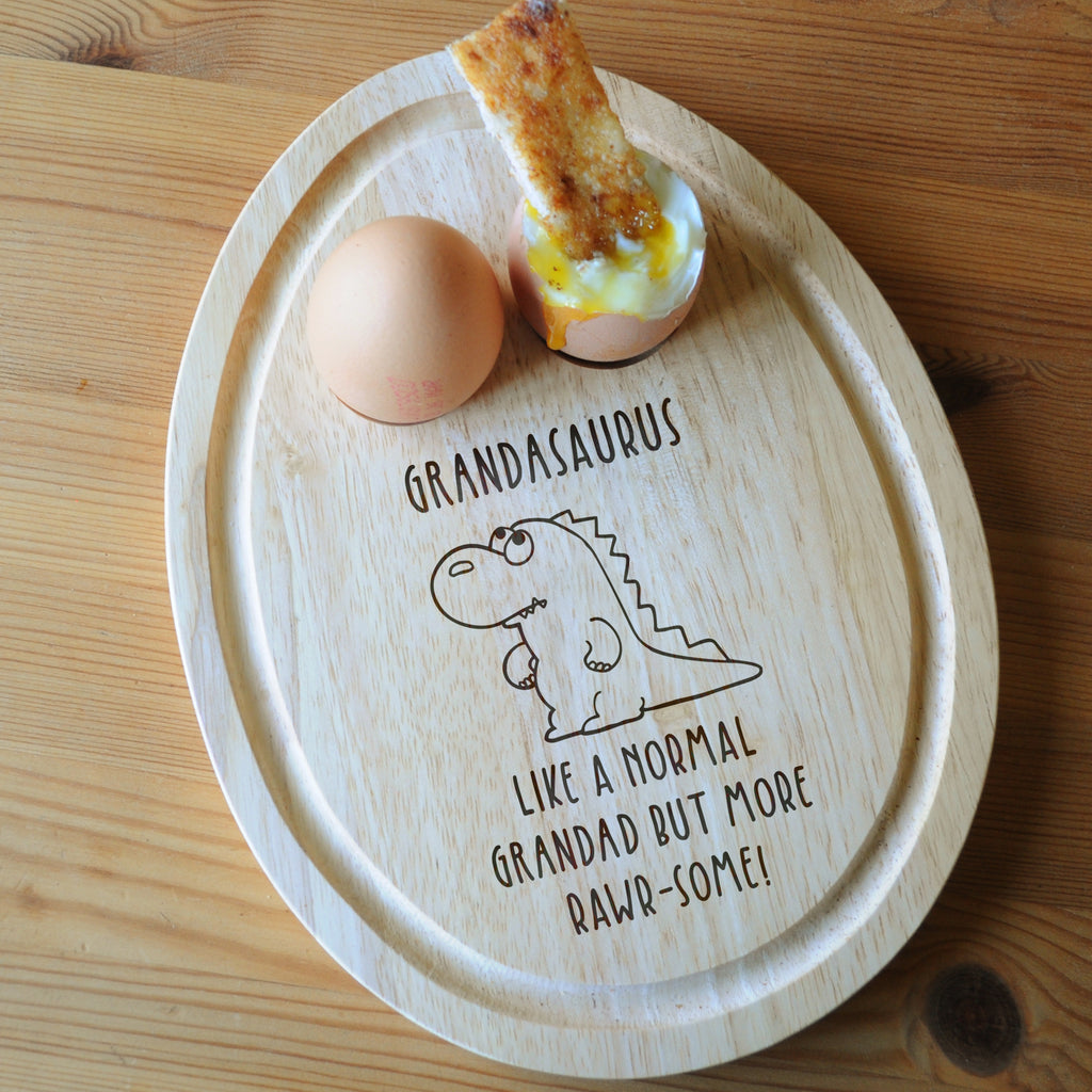 Personalised "Grandasaurus - Like A Normal Grandad But More Rawr-Some' Egg Shaped Breakfast Board