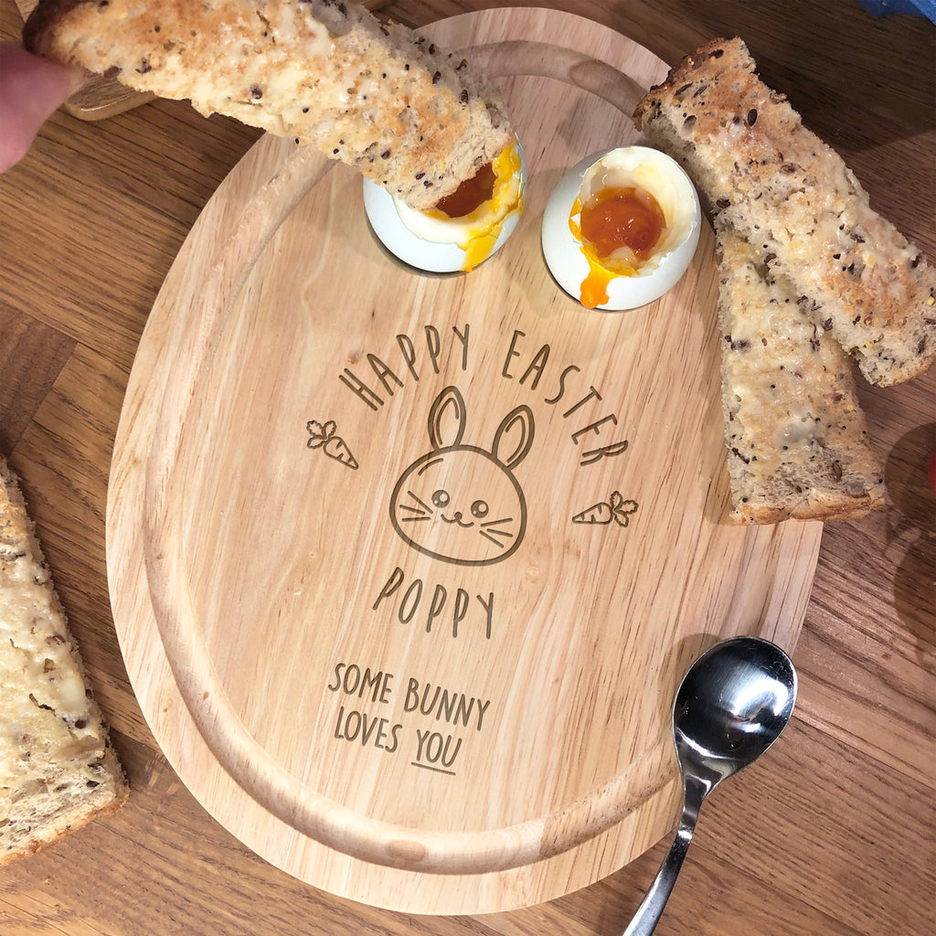 Personalised 'Happy Easter' Egg Shaped Breakfast Board for Dippy Eggs & Soldiers