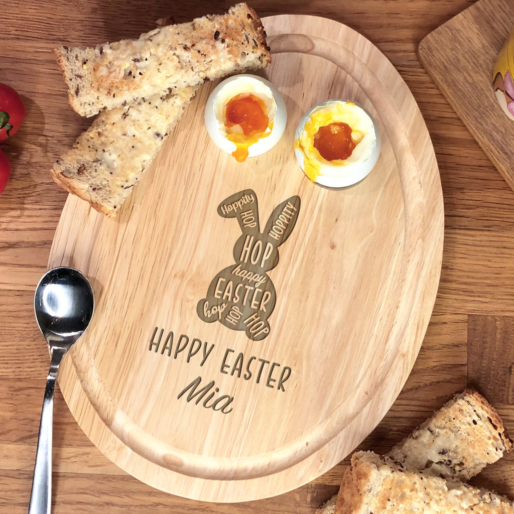 Personalised 'Happy Easter' Egg Shaped Breakfast Board with Bunny Silhouette