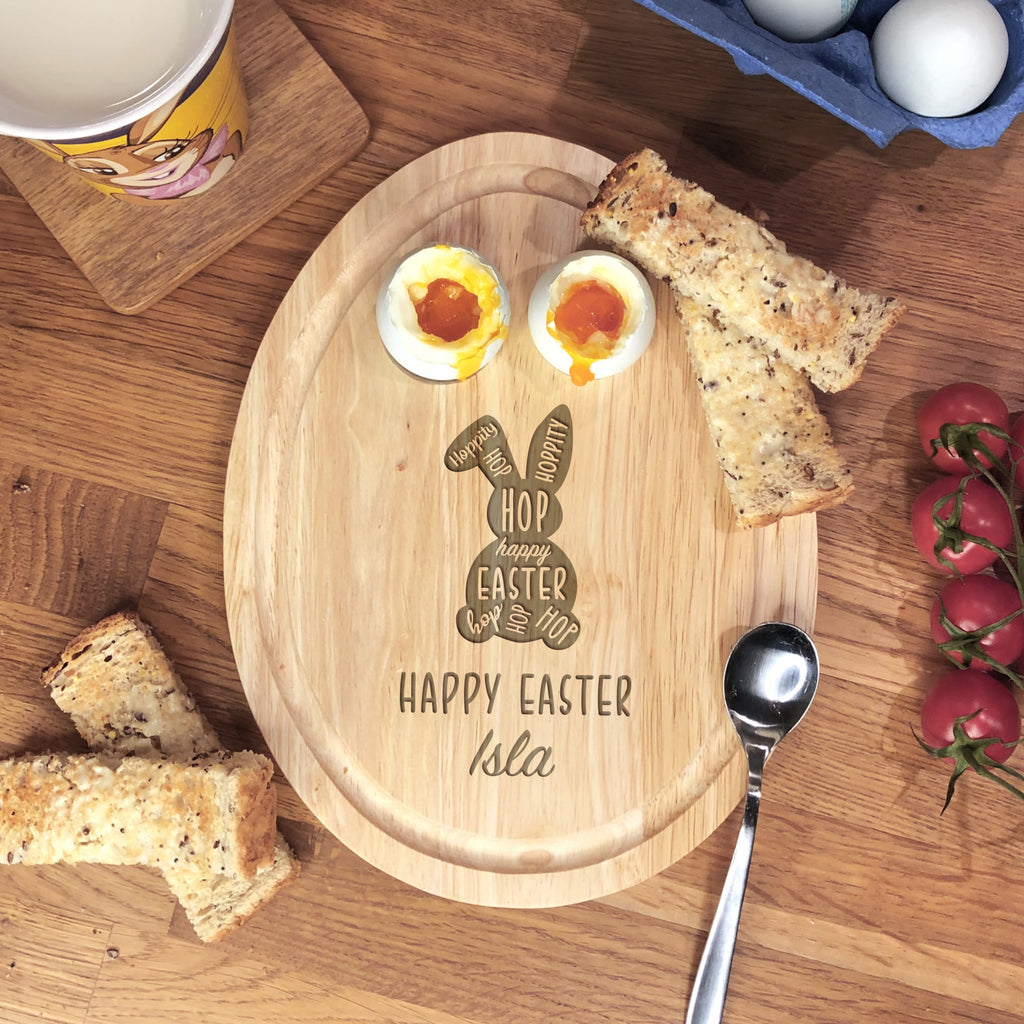 Personalised 'Happy Easter' Egg Shaped Breakfast Board with Bunny Silhouette