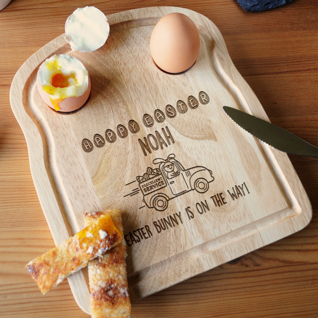 Personalised 'Happy Easter' Toast Shaped Breakfast Board - Easter Bunny Is On The Way!
