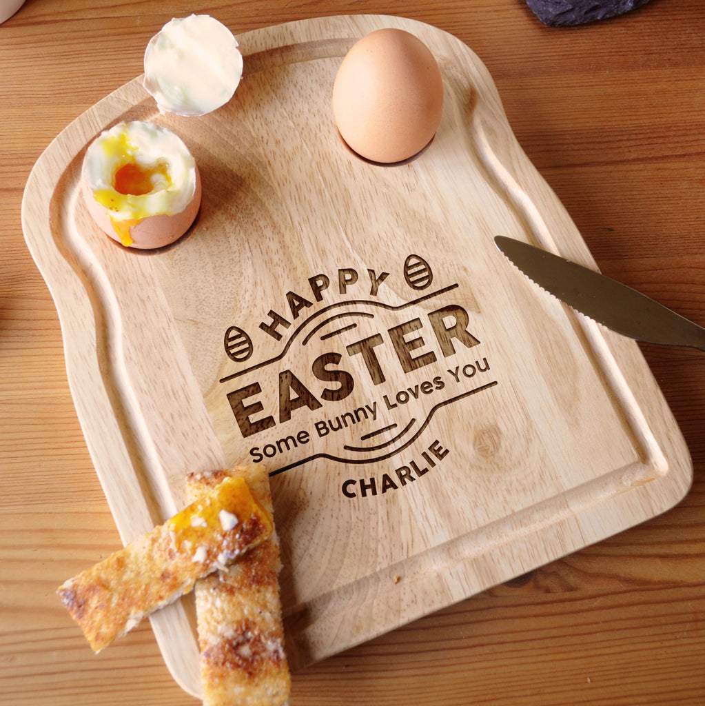 Personalised 'Happy Easter' Toast Shaped Breakfast Board with Any Name & Slogan
