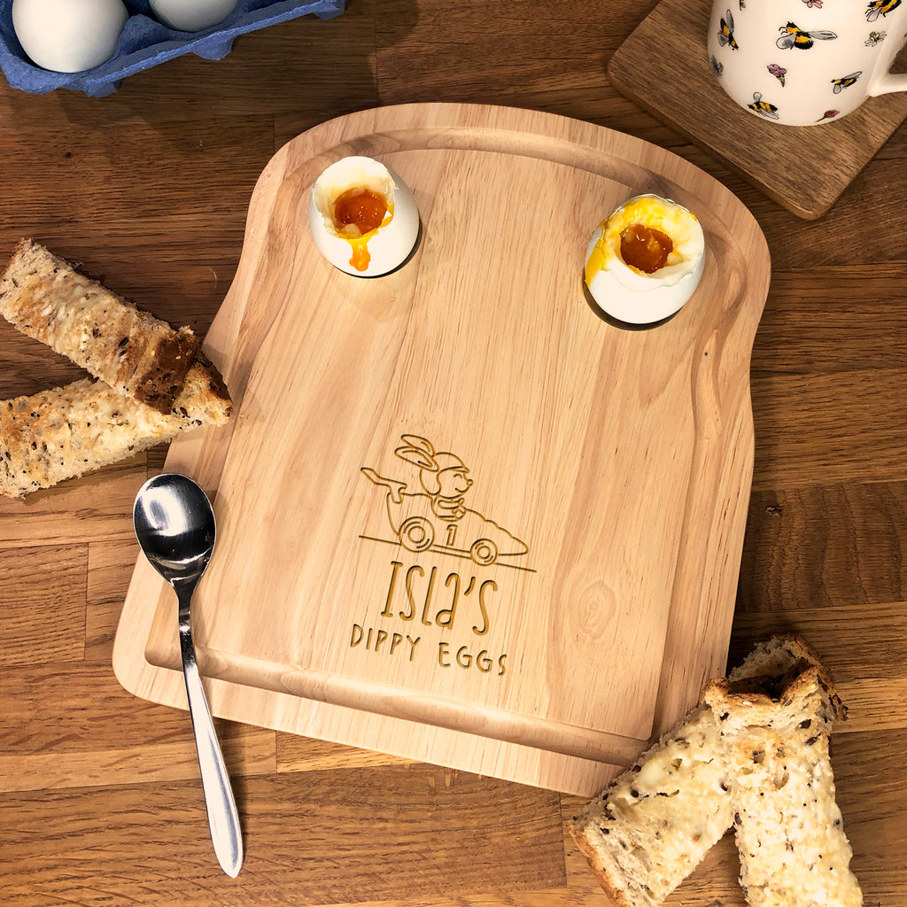 Personalised Toast Shaped 'Dippy Eggs' Breakfast Board - Bunny Race Car Design