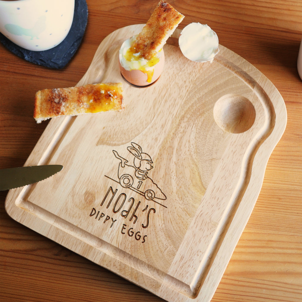 Personalised Toast Shaped 'Dippy Eggs' Breakfast Board - Bunny Race Car Design