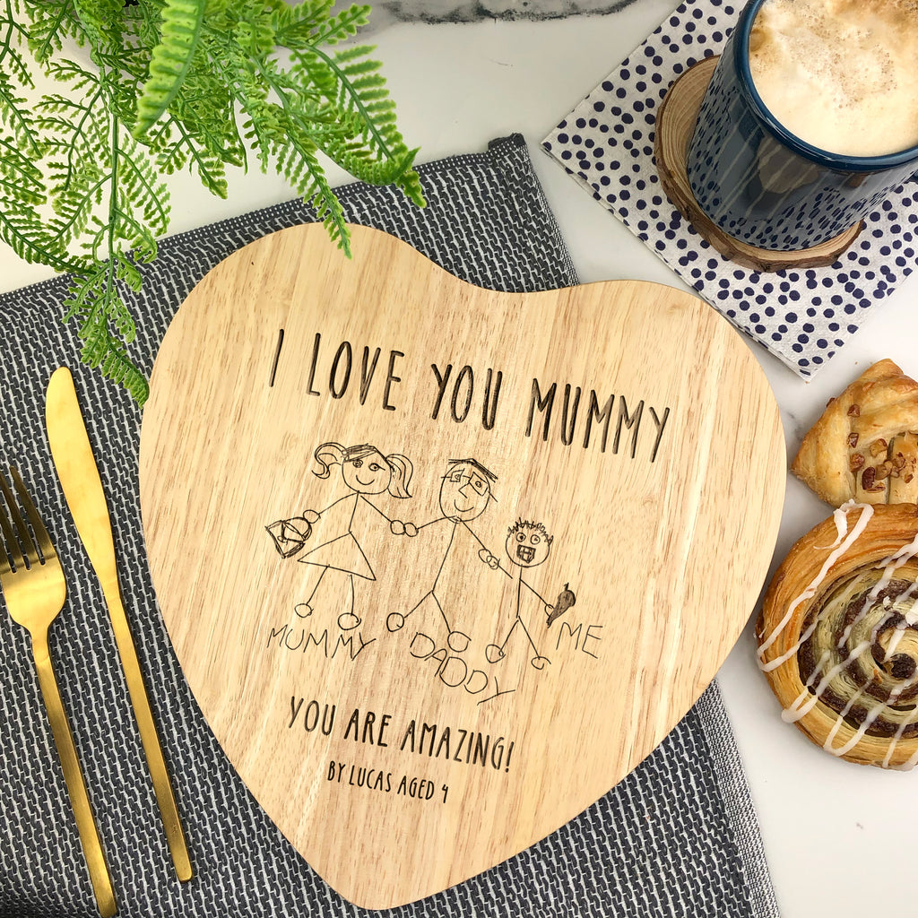 Personalised Wooden Heart Shaped Chopping Board with Child's Drawing