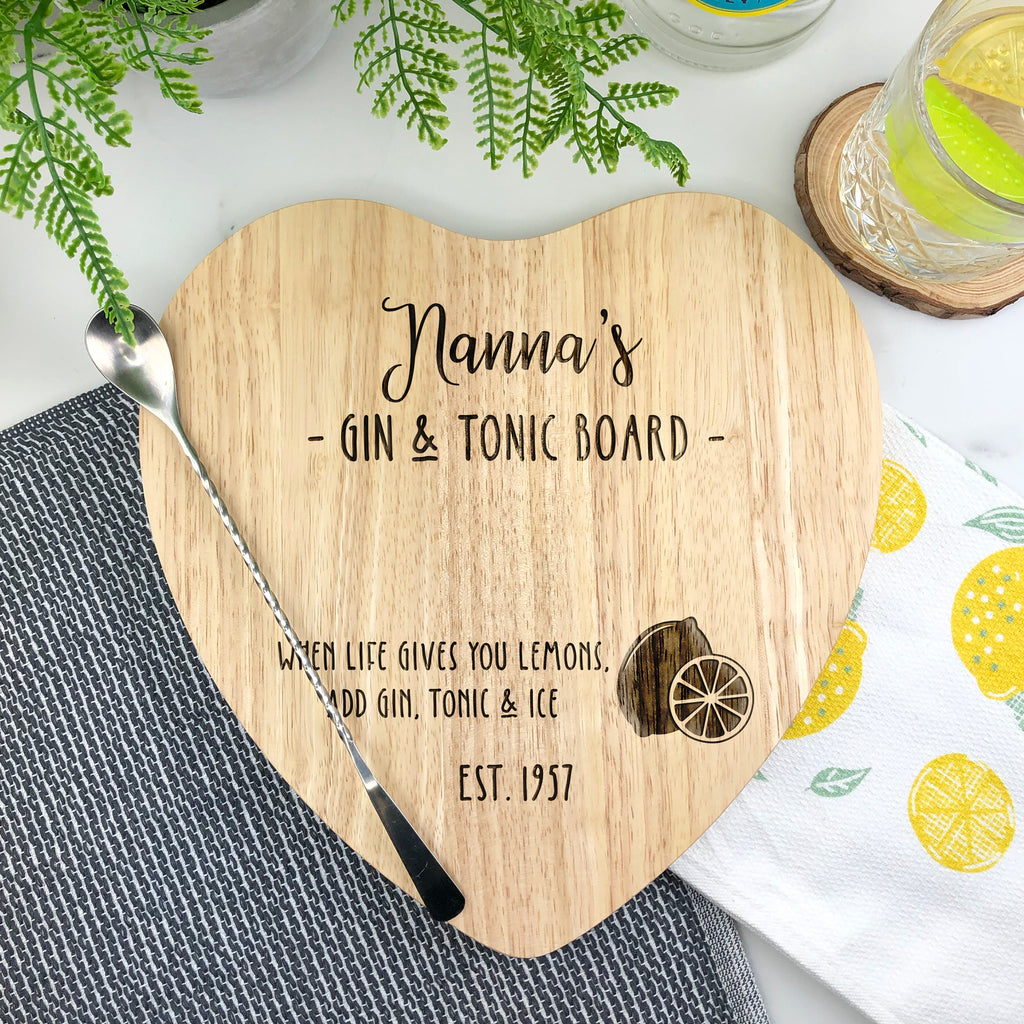 Personalised 'Grandma's Gin & Tonic' Wooden Heart Chopping Board - When Life Gives You Lemons Add Gin, Tonic and Ice
