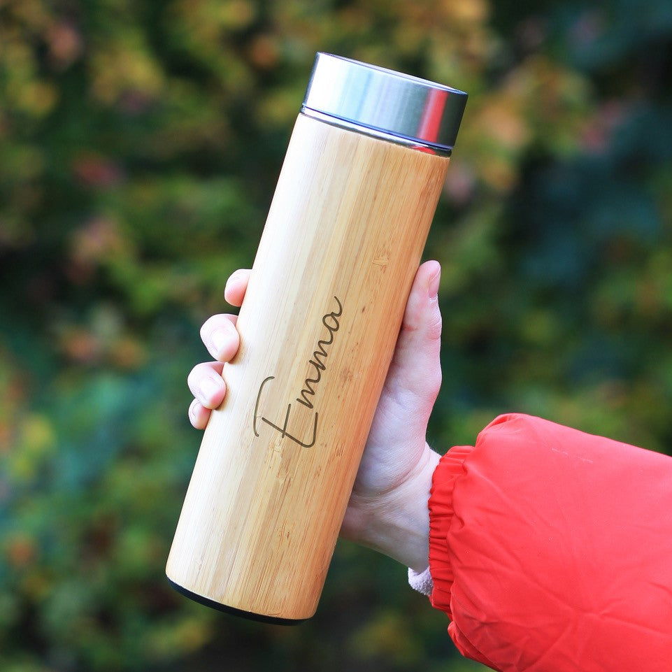 Personalised Eco Bamboo 500ml Travel Flask Insulated Drinks Bottle