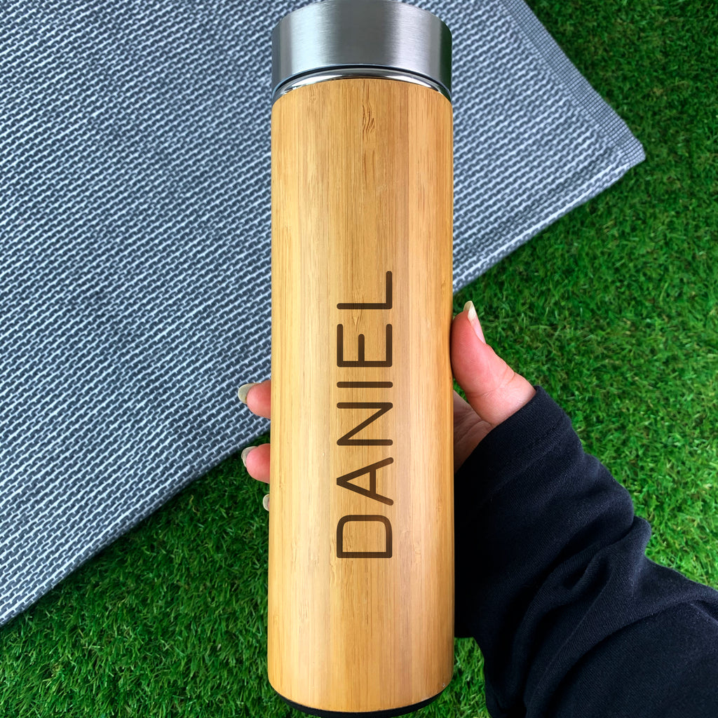 Personalised Eco Bamboo 500ml Travel Flask Insulated Drinks Bottle - Custom Name