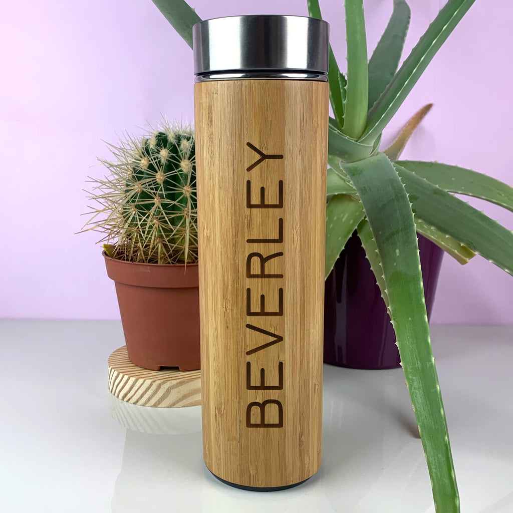Personalised Eco Bamboo 500ml Travel Flask Insulated Drinks Bottle - Custom Name