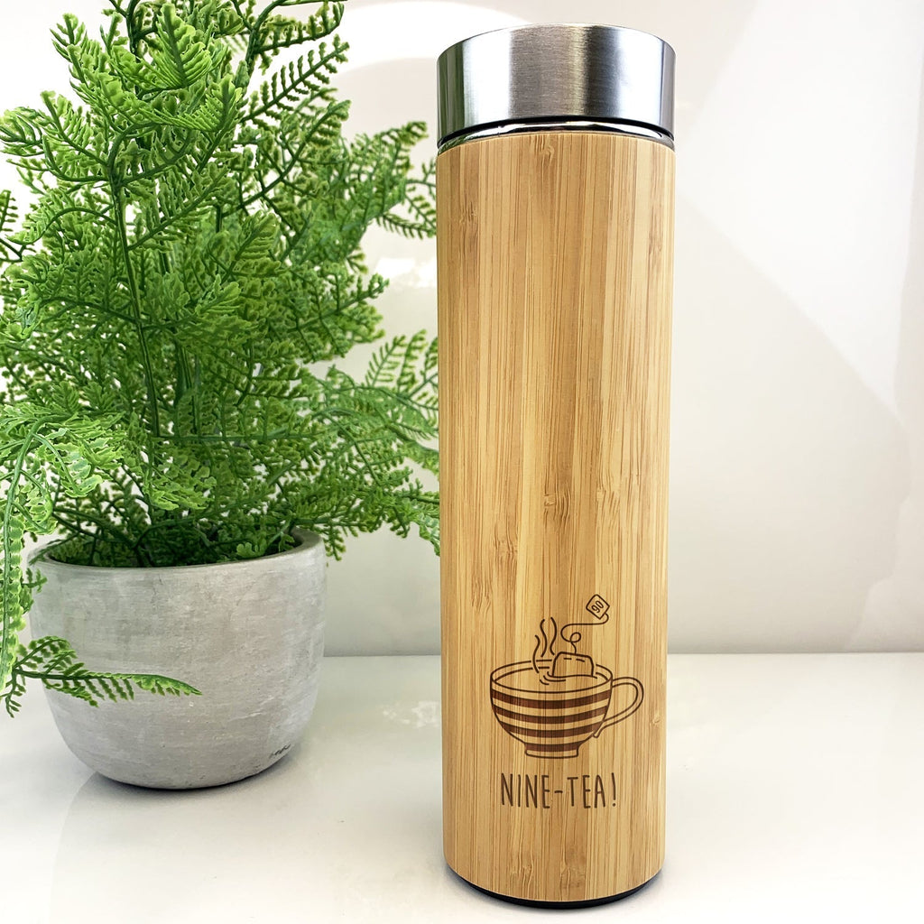 Bamboo Travel Flask "NINE-TEA" Design, 90th Birthday Gift for Him