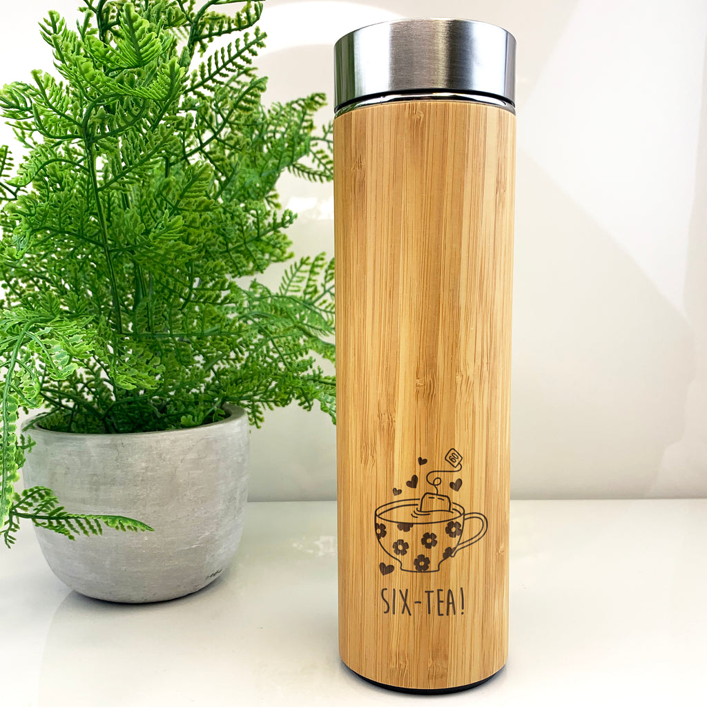 Engraved Insulated Bamboo Travel Flask "SIX-TEA" Design, 60th Birthday Gift