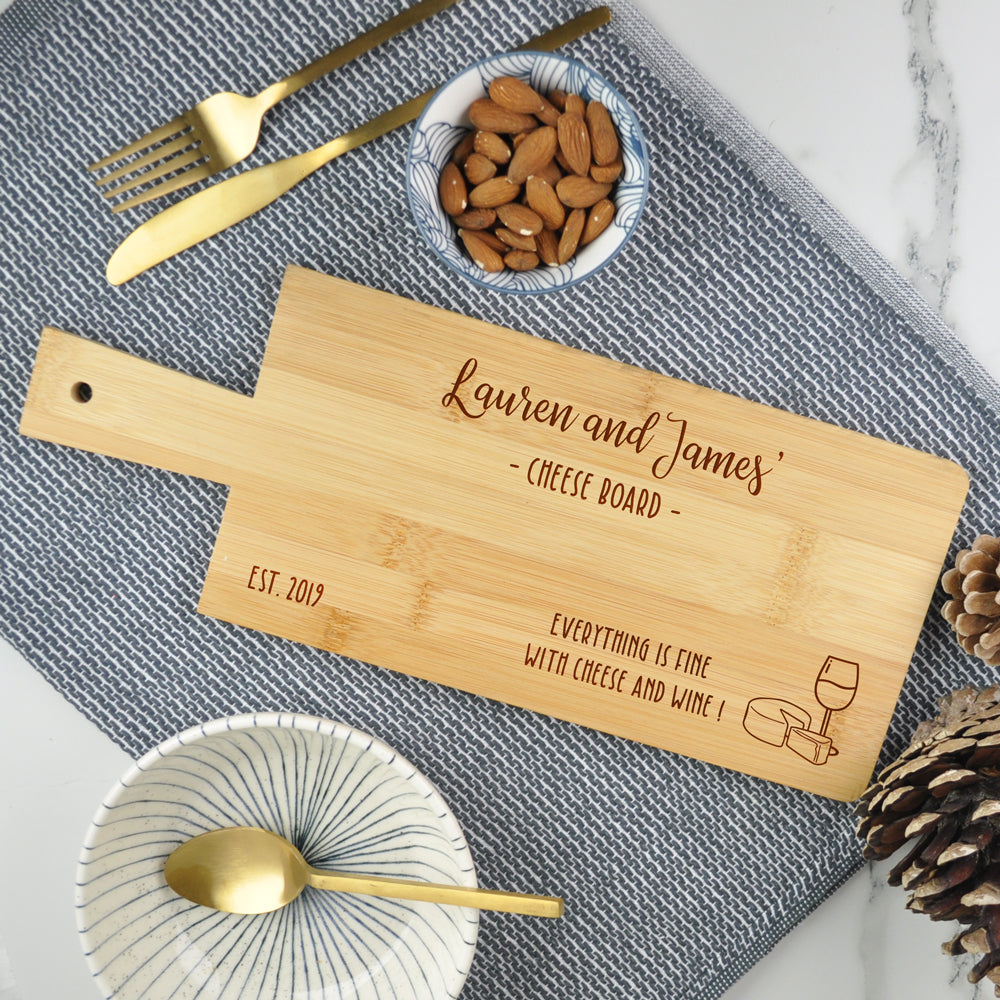 Cheese & Wine Personalised Wooden Cheeseboard / Paddle Chopping Board - Everything Is Fine With Cheese & Wine