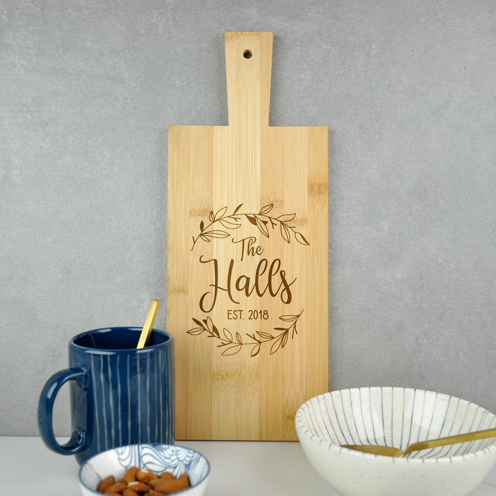Personalised Bamboo Paddle Chopping Board, Cheeseboard with Custom Surname & Established Date