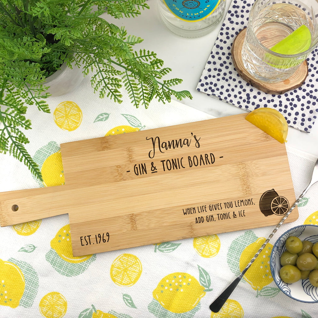 Personalised 'Grandma's Gin & Tonic' Wooden Paddle Chopping Board - When Life Gives You Lemons Add Gin, Tonic and Ice