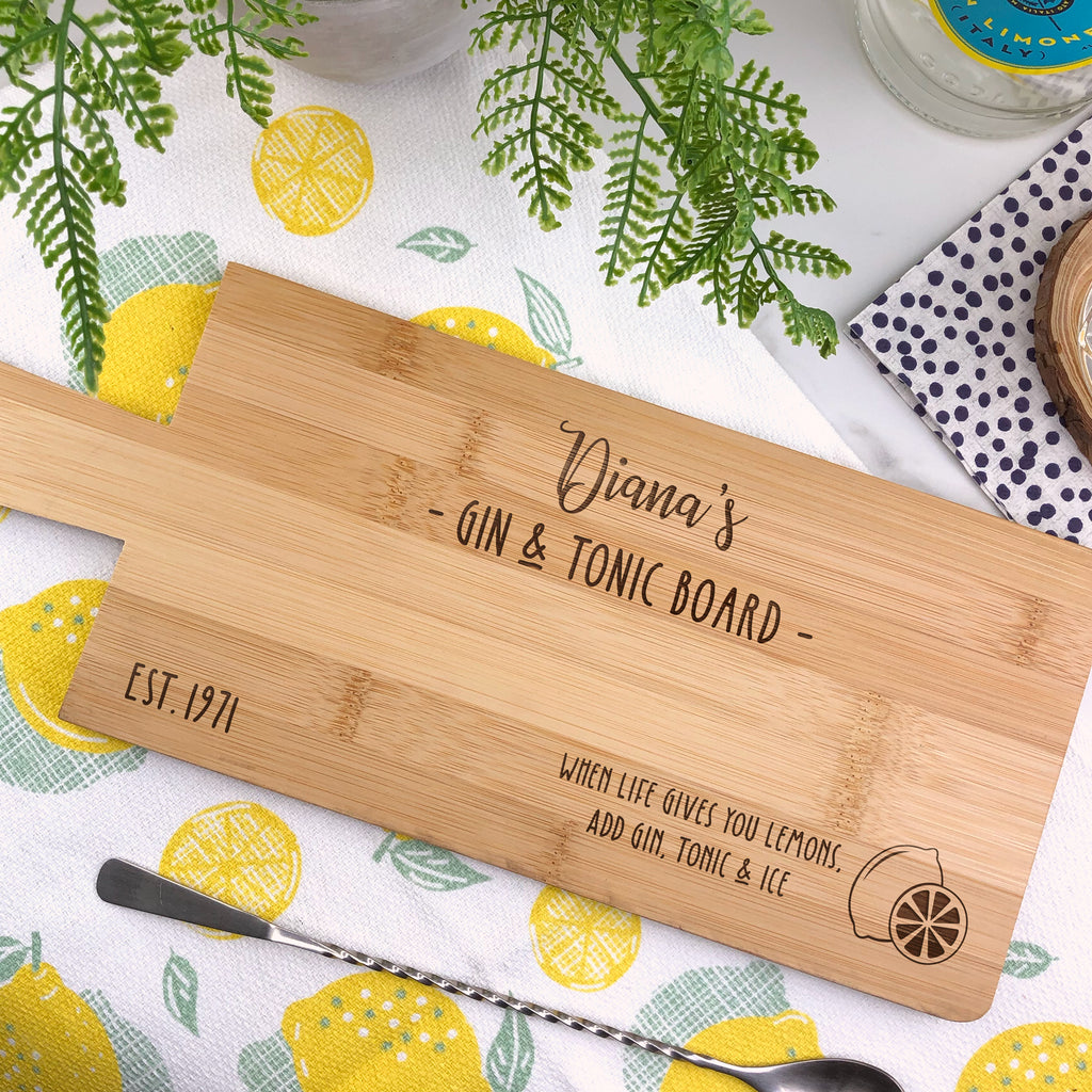 Gin & Tonic Personalised Wooden Paddle Chopping Board - When Life Gives You Lemons Add Gin, Tonic and Ice