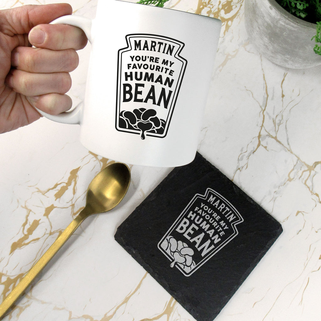 Personalised 'You're My Favourite Human Bean' Coffee Mug with Square Slate Coaster Option