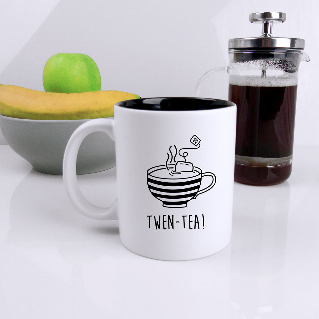 Black Reveal Coffee Mug Cup "TWEN-TEA" Design, 20th Birthday Gift