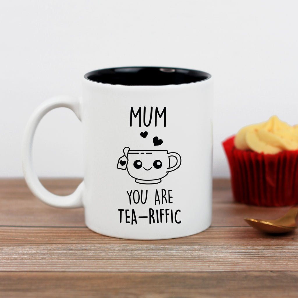 Personalised 'Mum You Are Tea-Riffic' Coffee Mug with Square Slate Coaster Option