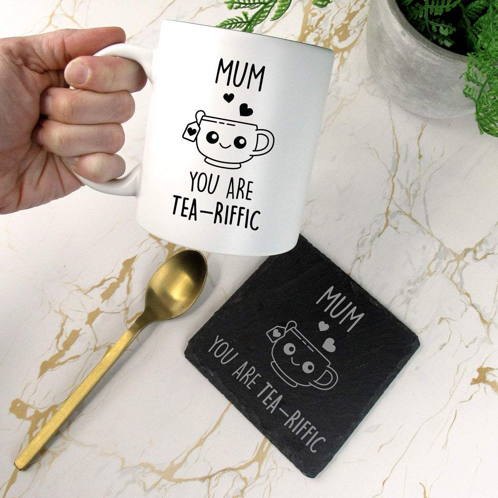 Personalised 'Mum You Are Tea-Riffic' Coffee Mug with Square Slate Coaster Option
