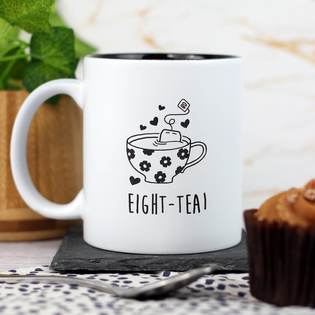 Black Reveal Coffee Mug Cup "EIGHT-TEA" Design, 80th Birthday Gift
