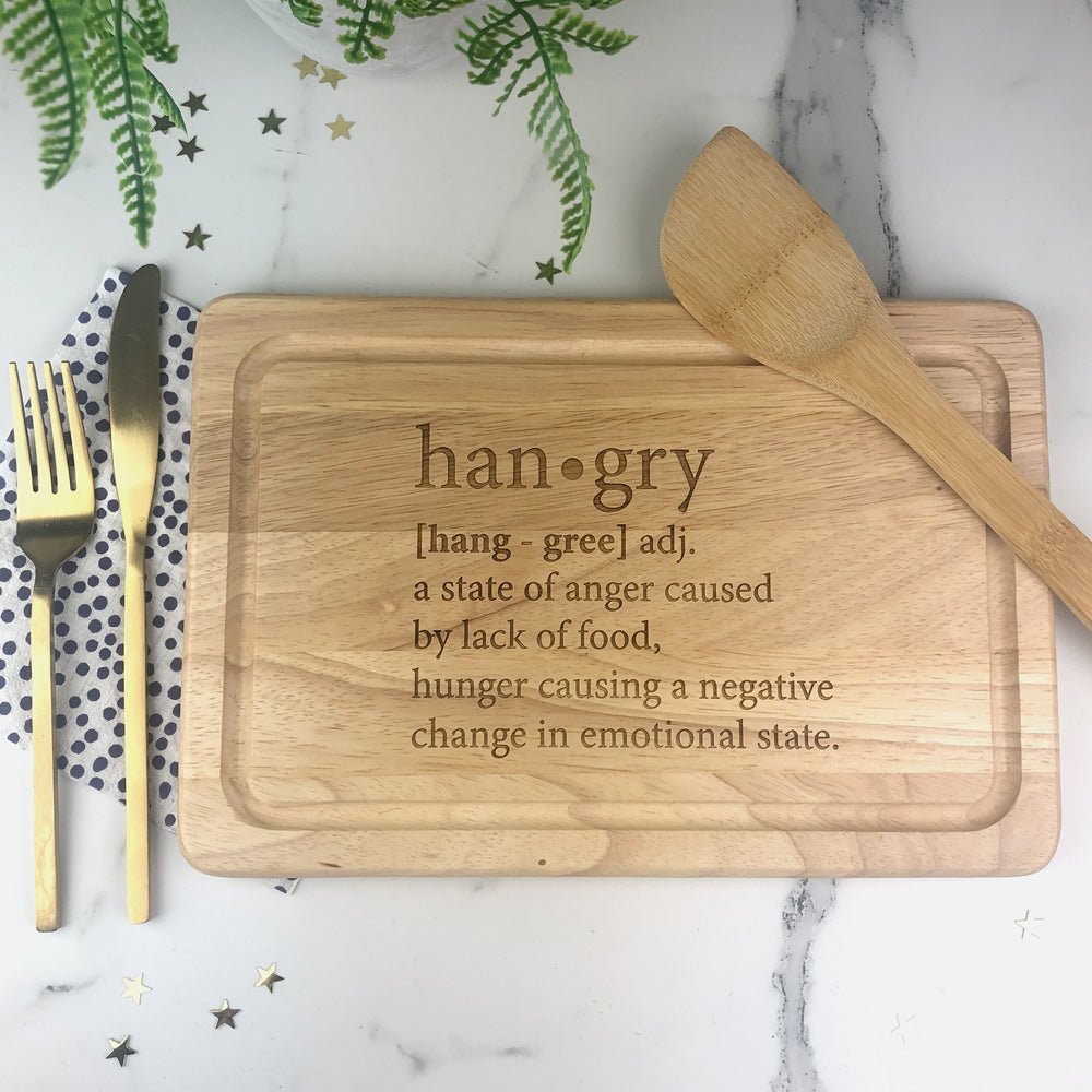 "Hangry" Chopping Board han.gry [hang-gree] adj. Wooden Rectangle Cutting Cheeseboard
