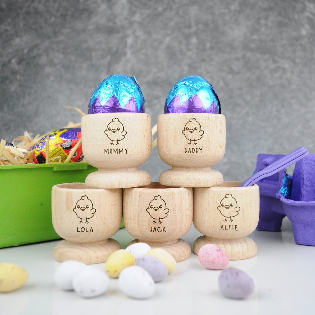 Personalised Wooden Engraved Egg Cups - Bunny Rabbit, Chick