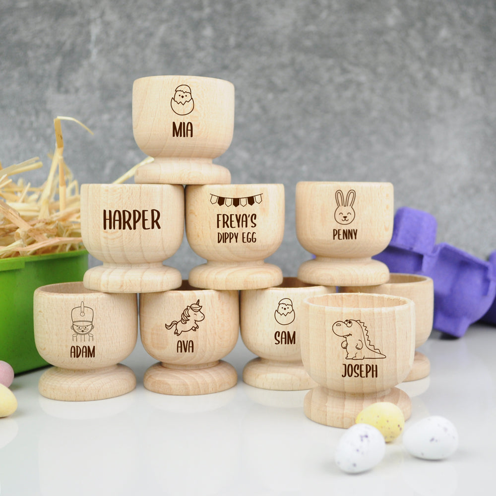 Personalised Wooden Engraved Egg Cups - Unicorn, Dinosaur, Solider, Bunny Rabbit, Chick