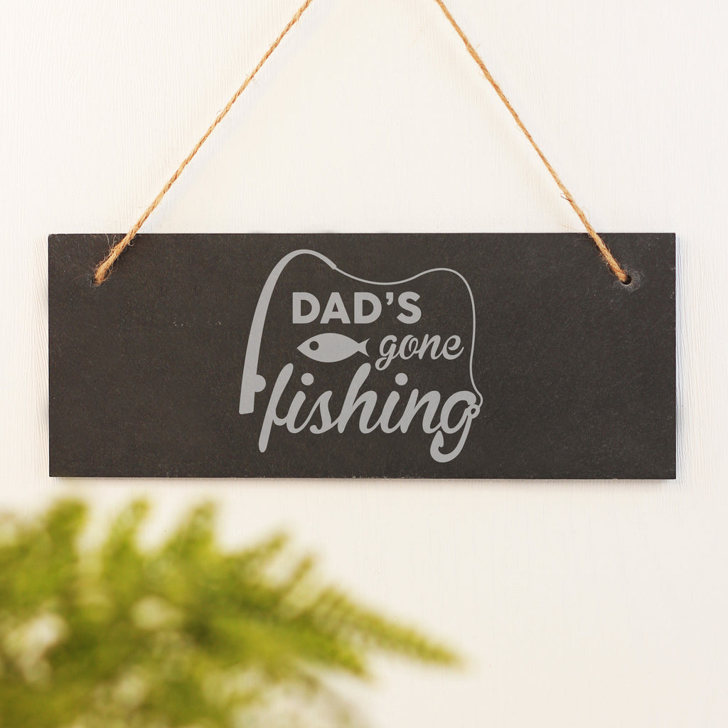 Personalised 'Gone Fishing' Hanging Slate Door, Shed Sign, Workshop Plaque