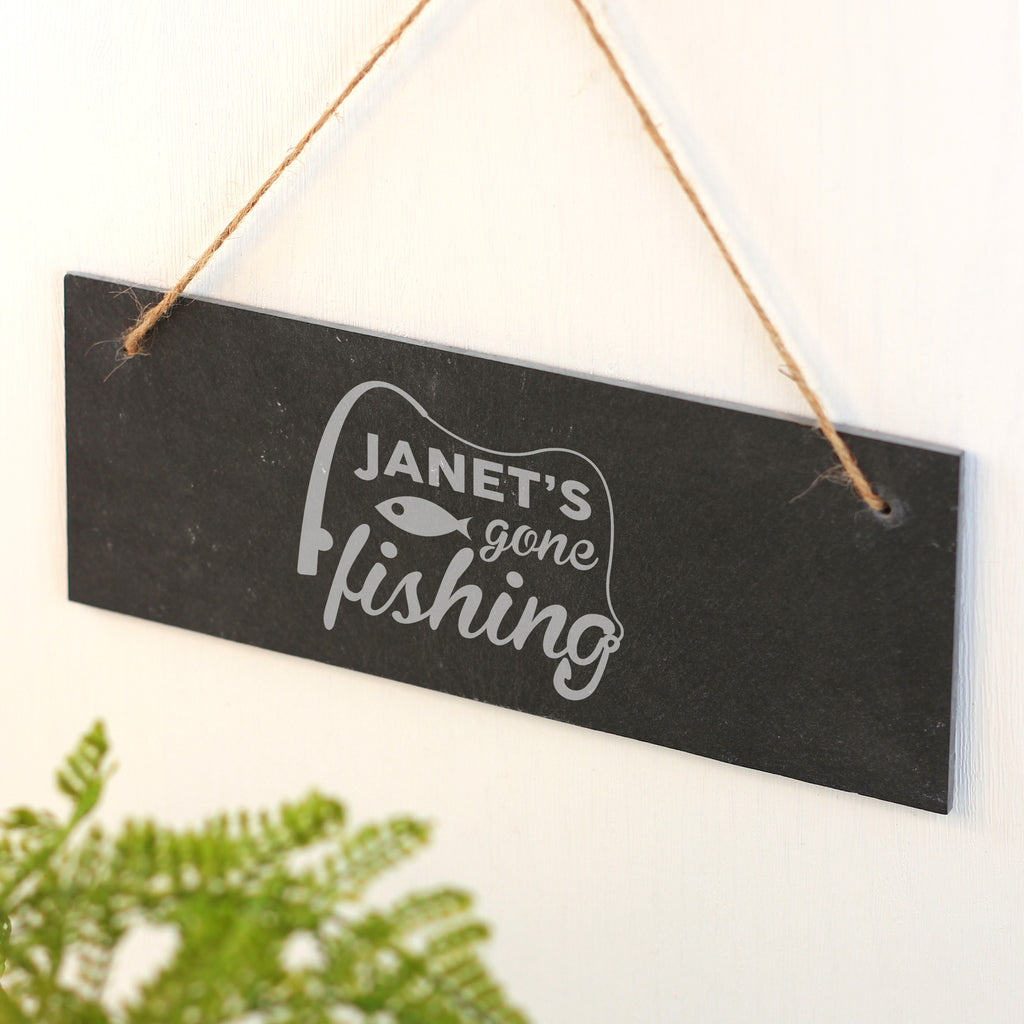 Personalised 'Gone Fishing' Hanging Slate Door, Shed Sign, Workshop Plaque