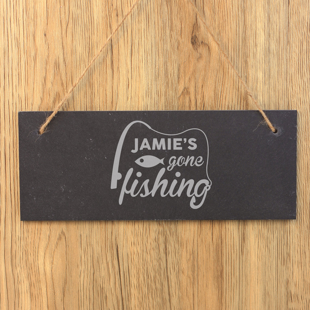 Personalised 'Gone Fishing' Hanging Slate Door, Shed Sign, Workshop Plaque