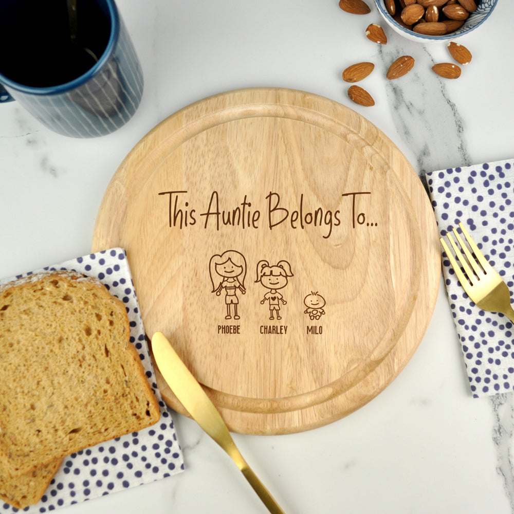Personalised "This Auntie Belongs To" Family Portrait Wooden Round Chopping Board