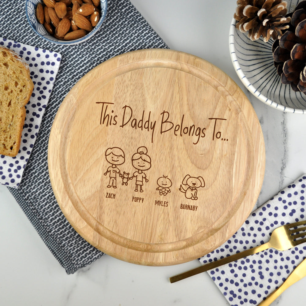 Personalised "This Daddy Belongs To" Wooden Round Family Portrait Chopping Board