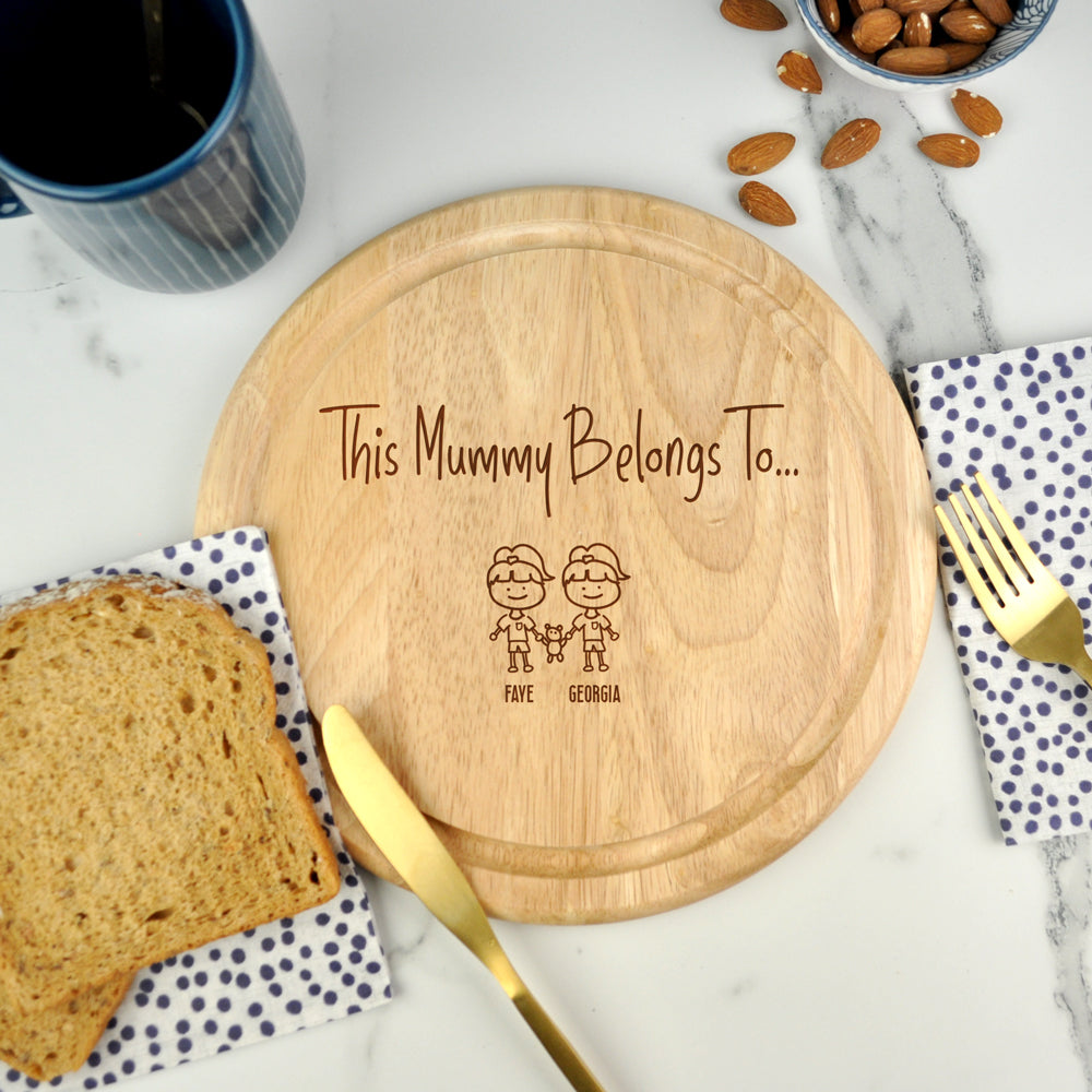 Personalised "This Mummy Belongs To" Custom Family Portrait Wooden Round Chopping Board