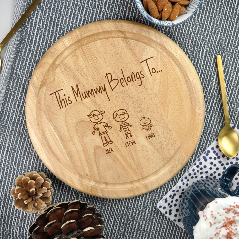Personalised "This Mummy Belongs To" Custom Family Portrait Wooden Round Chopping Board
